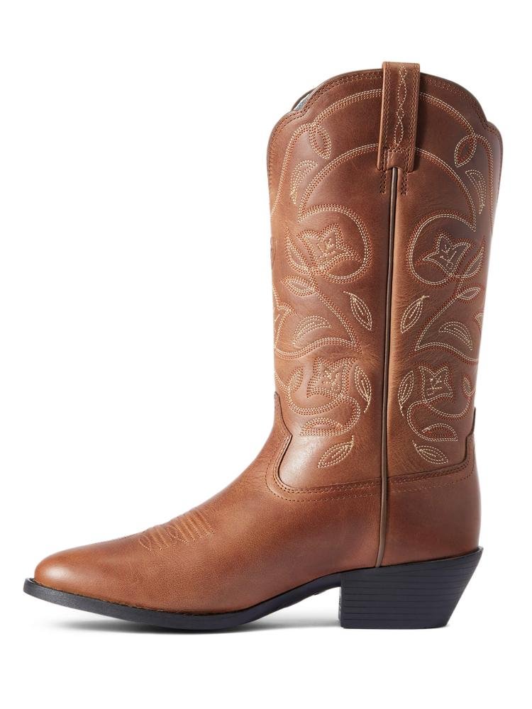 Brown Floral Embroidered Round Toe Slanted Heel Western Mid Calf Boots