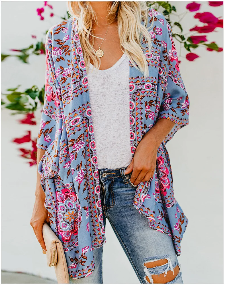 Beach Lacket Women's Mid-Length Cardigan Long-Sleeved Printed Kimono Blouse Thin Section Sun Protection