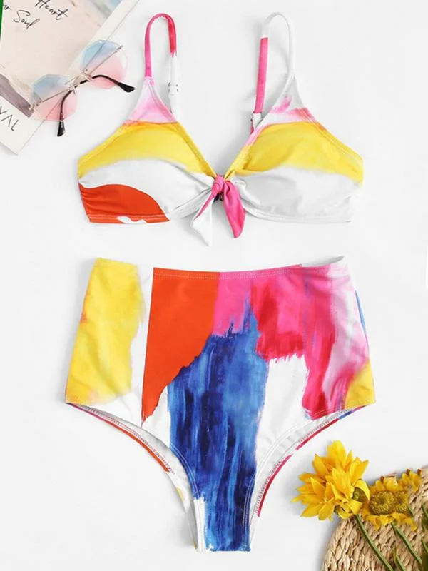 Sexy Spaghetti-Neck Color Rendering Backless Bikini Swimsuit