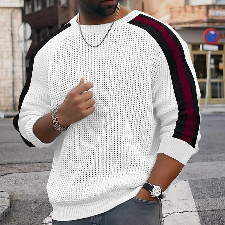 Men's Casual Colorblock Waffle Crew Neck Long Sleeve Sweater