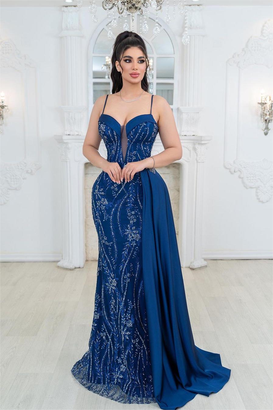 Lvs&Broner Exquisite Royal Blue Spaghetti Strap Sleeveless Mermaid Prom Dress With Embroidery