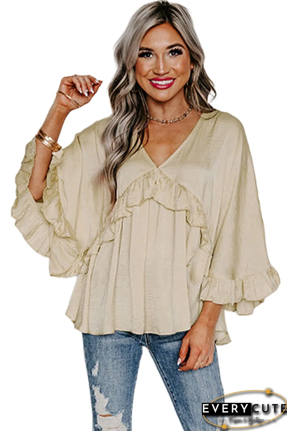 Apricot V Neck Draped Batwing Sleeve Ruffle Top
