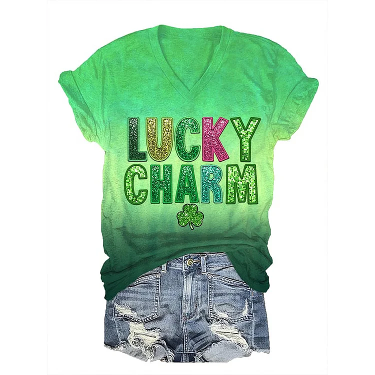 Wearshes St. Patrick's Day "Lucky Charm" Printed V-Neck T-Shirt