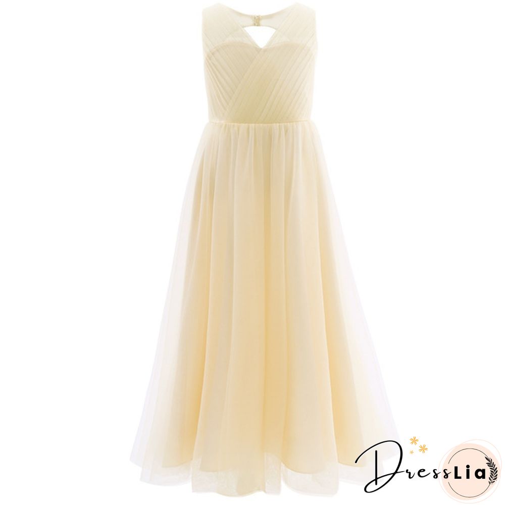 Girls Cutout Back Mesh Splice Sleeveless Flower Girl Junior Bridesmaid Dress Dance Party