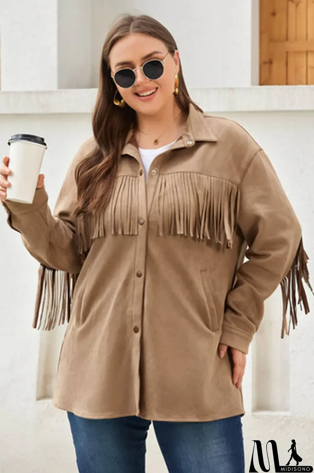 MidiSono - Khaki Fringe Trim Plus Size Suede Shacket