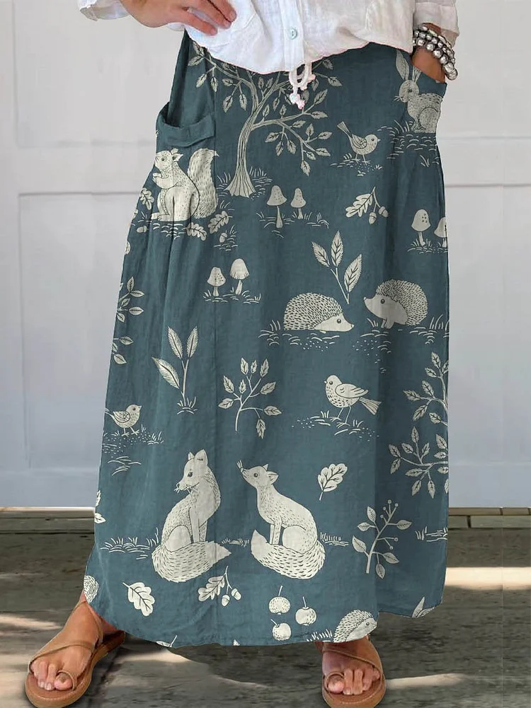 Women's Vintage Floral Animals Art Print Casual Linen Pocket Skirt