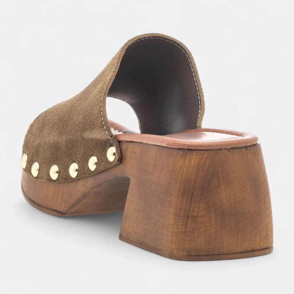 Brown Vegan Suede Open Toe Studded Block Heel Platform Slide Sandals