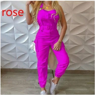 Uveng Uveng Women's Work-Packed Pocket Design Jumpsuit Sleeveless Backs And Trousers Simple Restraints Trousers + Belts