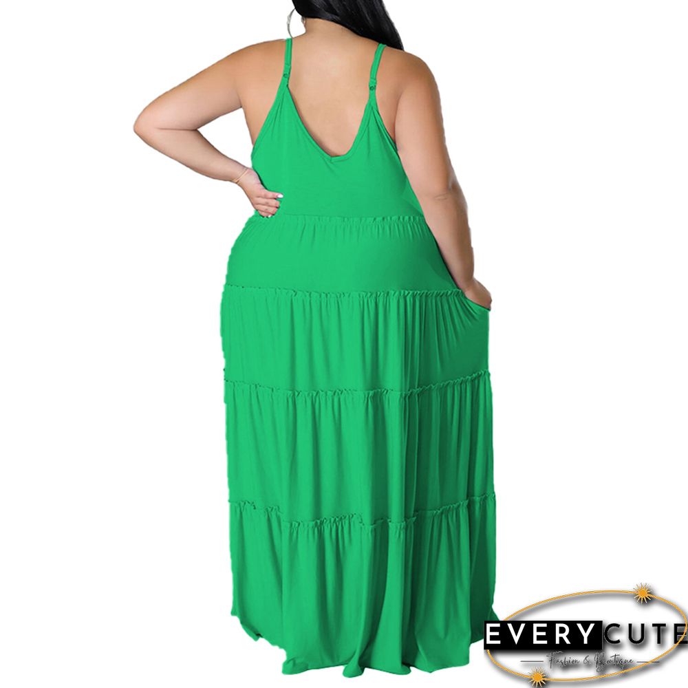 Green Pocket Casual Plus Size Long Dress