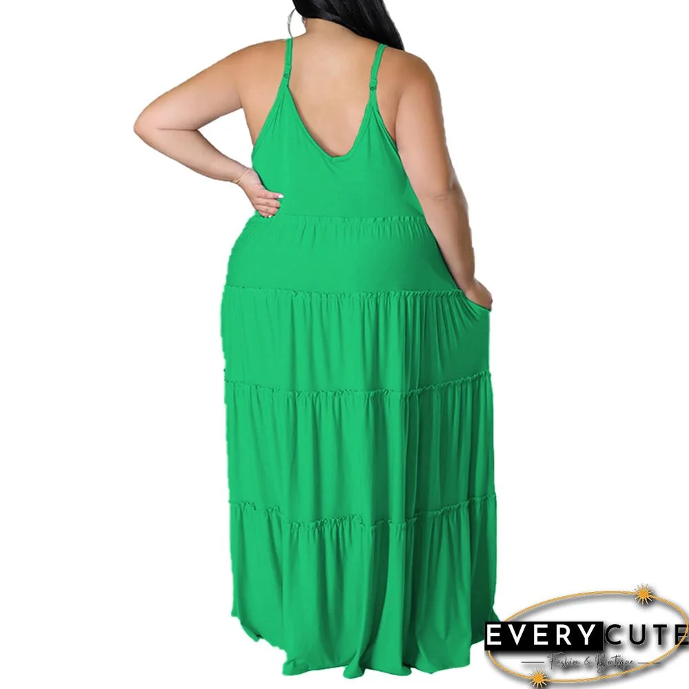 Green Pocket Casual Plus Size Long Dress