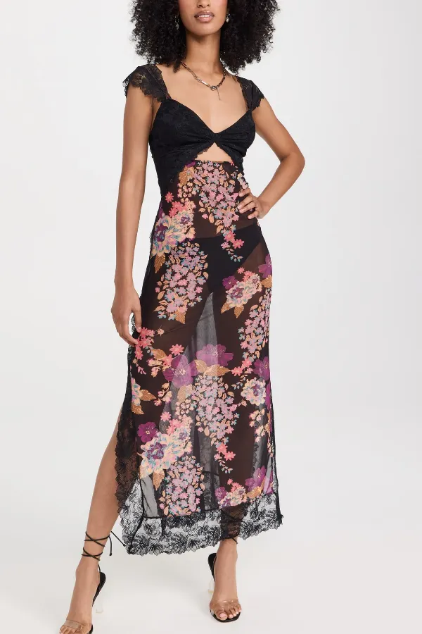 Floral Print Lace Patchwork Hollow-out Slim-fit Midi Dress