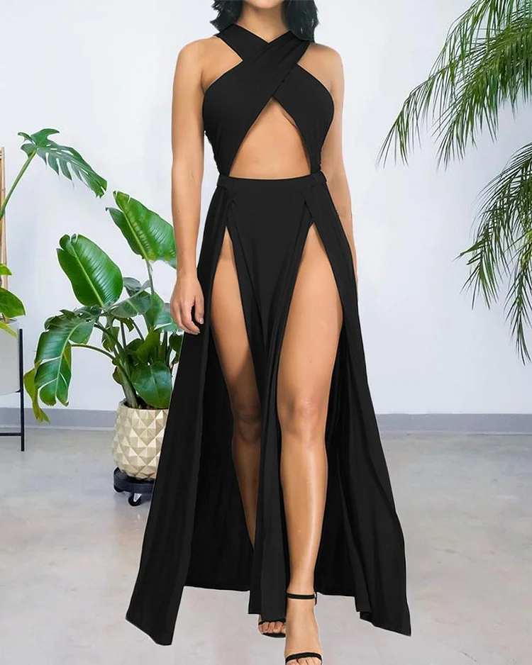 Irregular Solid Color Slit Pleated Dress