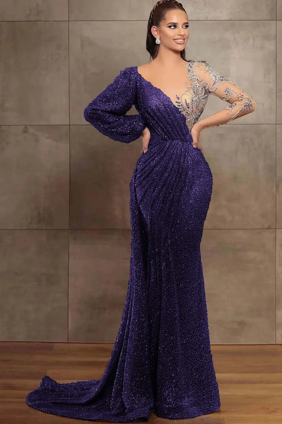 Sequin Asymmetrical Neck Mermaid Floor-Length Evening Dresses main image 0