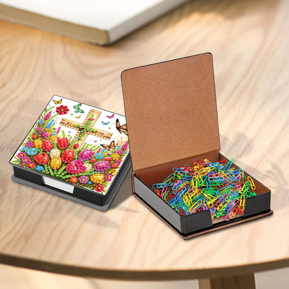 DIY Flower Cross Leather Diamond Art Note Box with 160 Sheets of Paper for Beginners