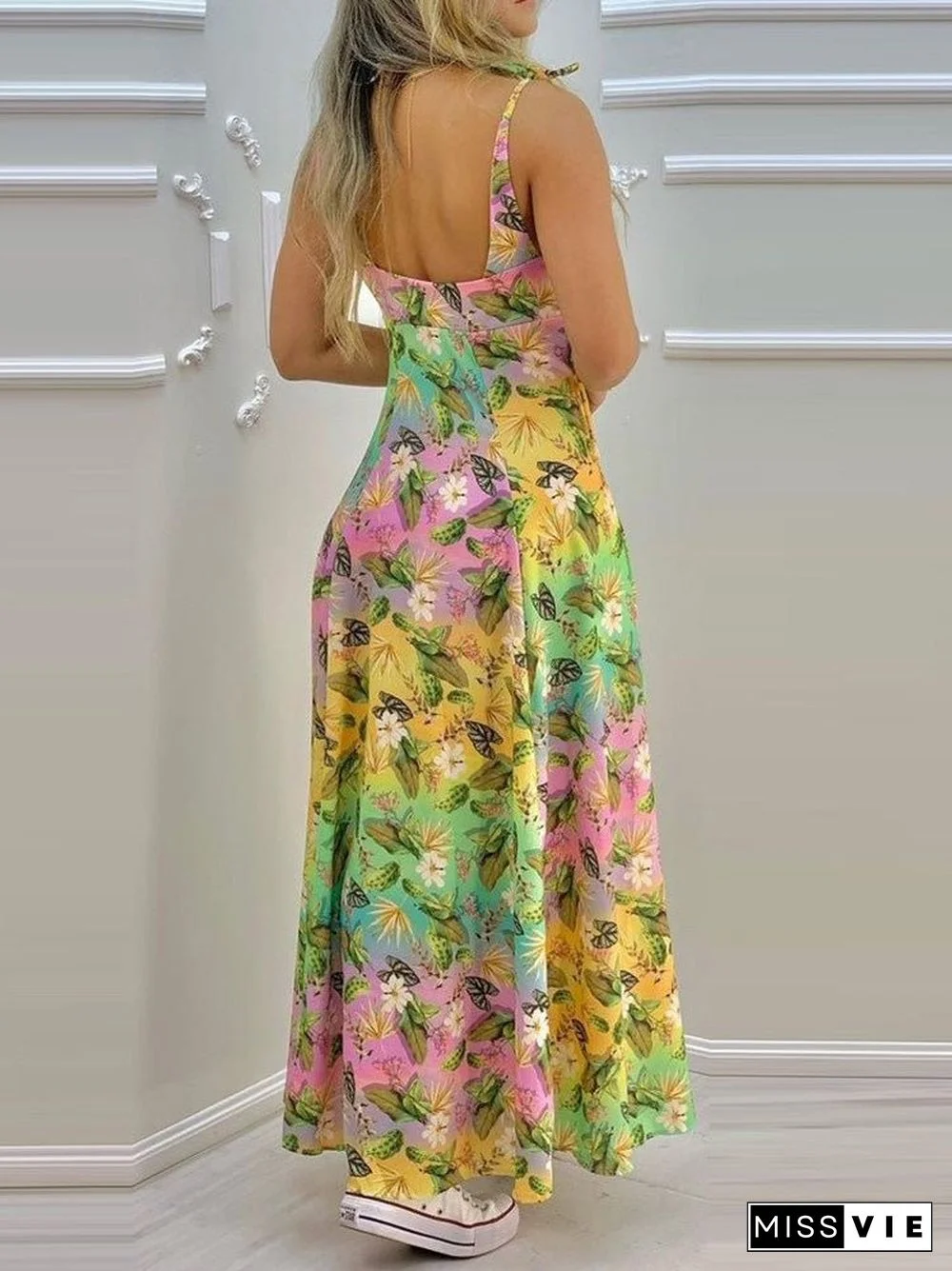 Women'S Dresses Botanical Print Sling Bare Back Dress