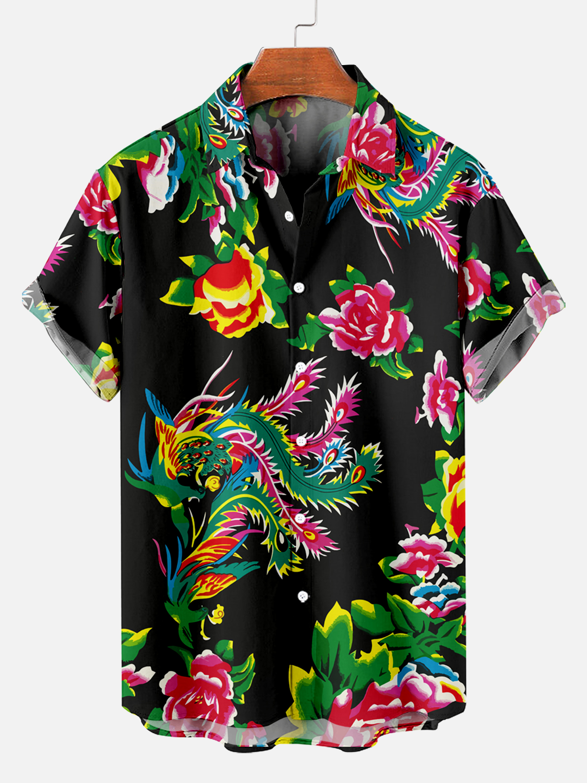 Men's Northeastern Big Flower and Phoenix Black Fashion Casual Short Sleeve Shirt PLUSCLOTHESMAN