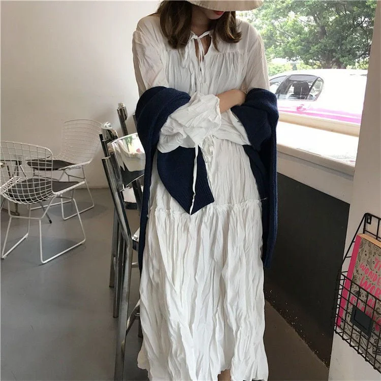 Plain Long-Sleeve Midi Shift Dress YP1651
