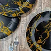 10 Pack | Marble Disposable 13" Charger Plates, Cardboard Serving Tray, Round with Leathery Texture - Black/Gold - 1100 GSM