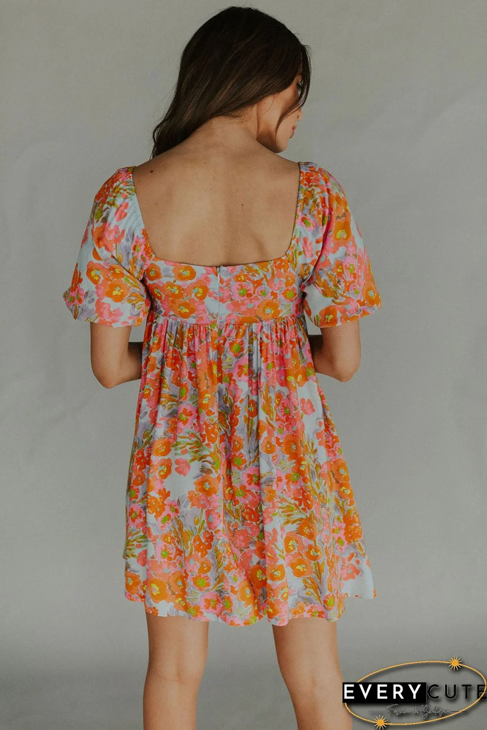 Orange High Waist Square Neck Puff Sleeve Floral Dress