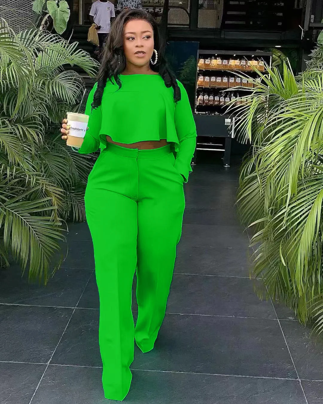 Brownm Back Long Fashion Pleated Blouse And Pants Solid Color Wide Leg Two-piece Set