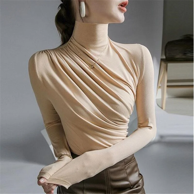 Fashion Elastic T-shirt Ladies Tees Pleated Stretch Jumpper Top Turtleneck Bottoming Red Net Pullover Women's Basic Casual Tees