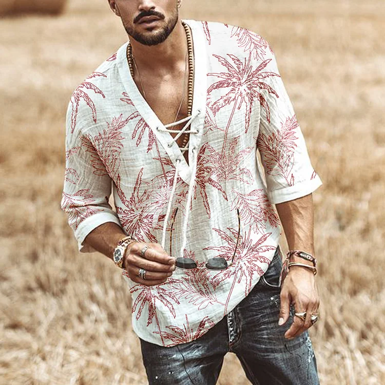 Men's Hawaiian Palm Print Casual Vacation Beach Shirt
