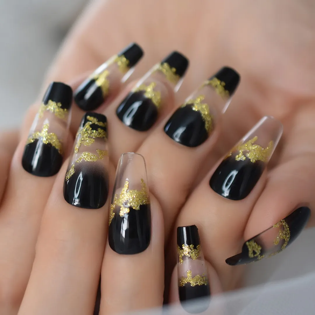 Coffin Fake Nails Set Acrylic Full Cover Press On False Nails Long Dark Green Powder Glitter Decoration Gel Nail Tips-Nail Inspo