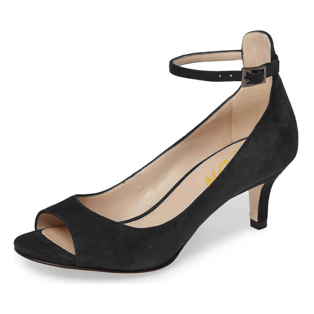 YDN Black Vegan Suede Peep Toe Kitten Heel Ankle Strap Pumps Shoes