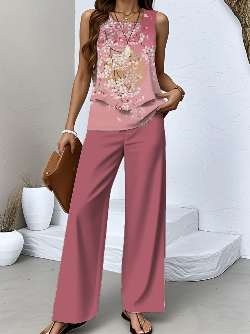 Women's Sleeveless Square Collar Floral Printed Casual Set