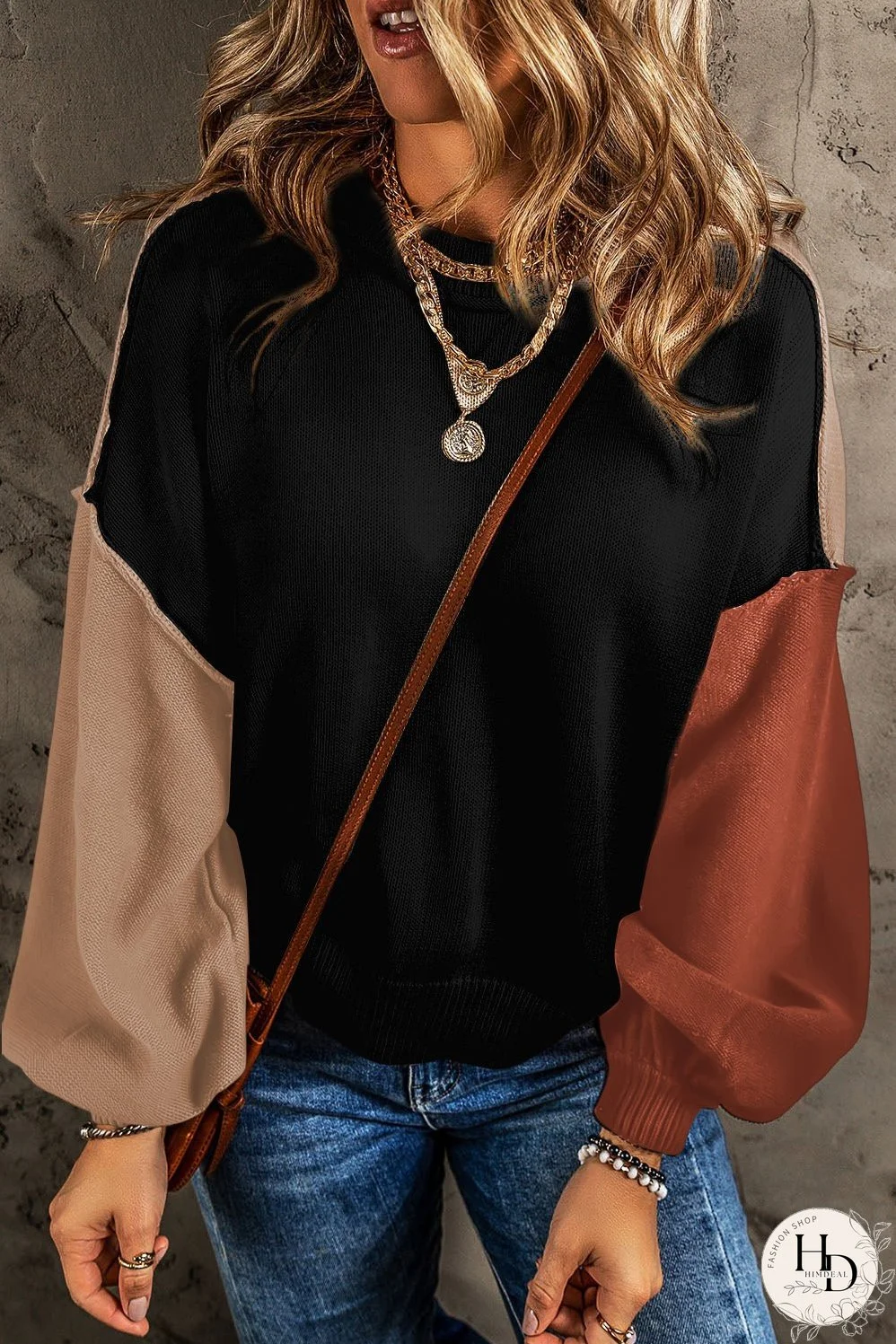Bishop Sleeve Ribbed Trim Sweater