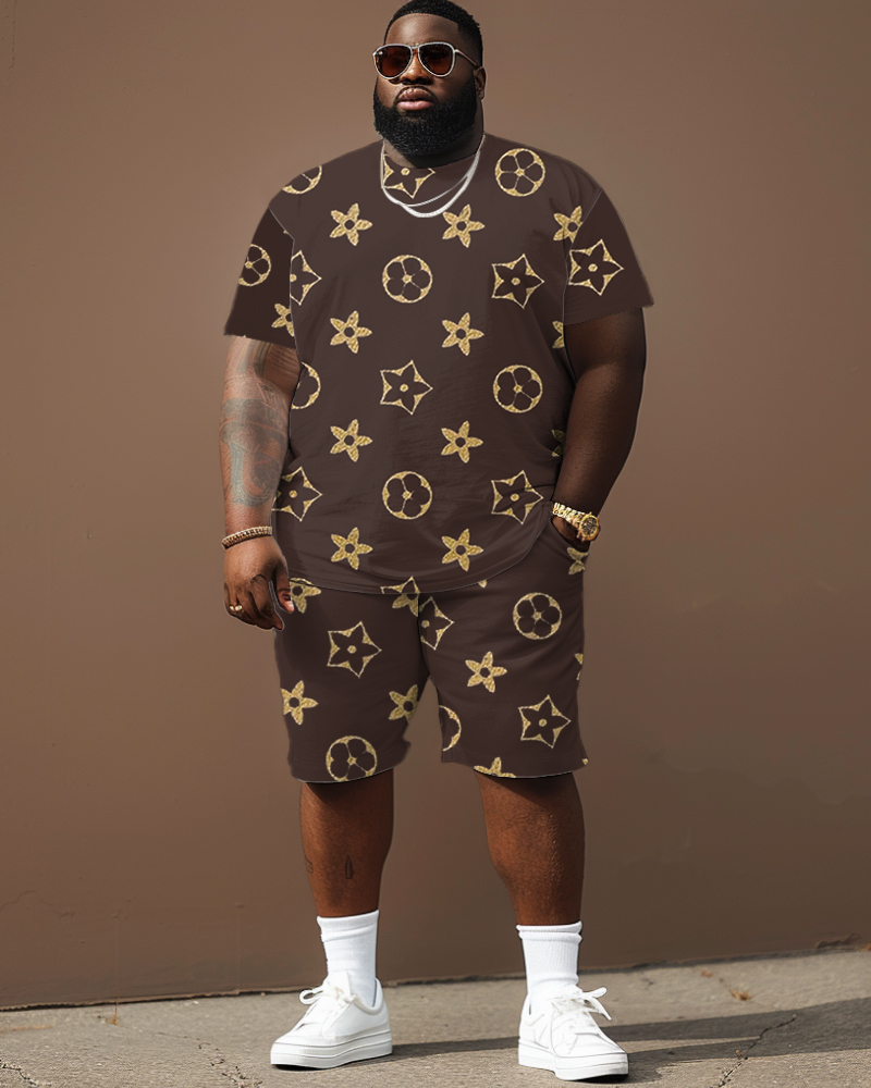 Men's Big and Tall Gold Floral Print T-Shirt Shorts Set