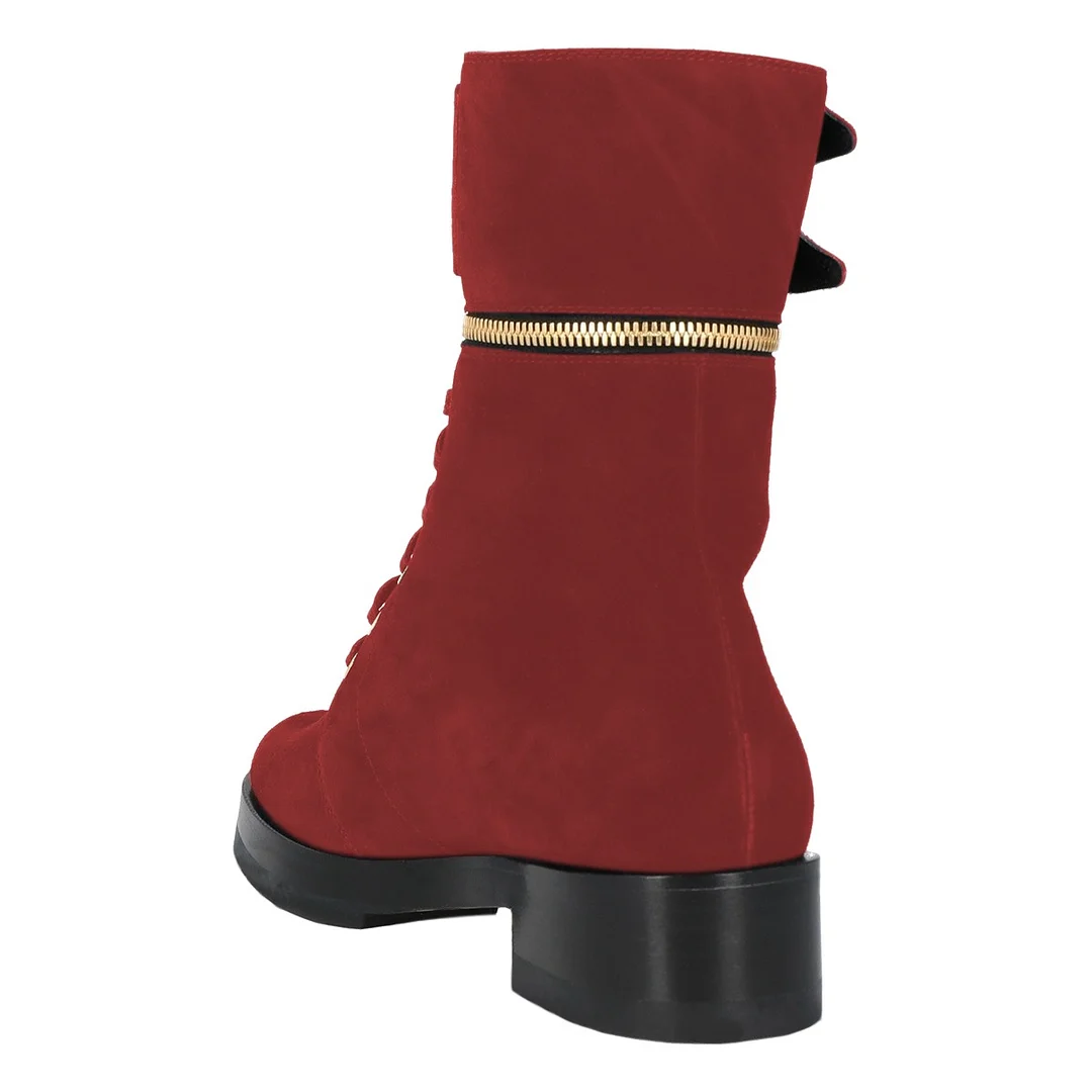 Red Vegan Suede Round Toe Buckled Zipper Lace Up Boots for Women