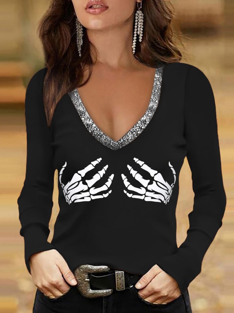 Punk Hand Bone Print V-Neck Blouse