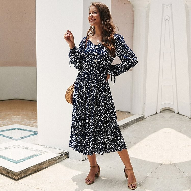Medium Long Print Dress Women V Neck Button Slim Lantern Sleeve High Waist Floral Dress New Casual Summer Dress Office Lady - BlackFridayBuys