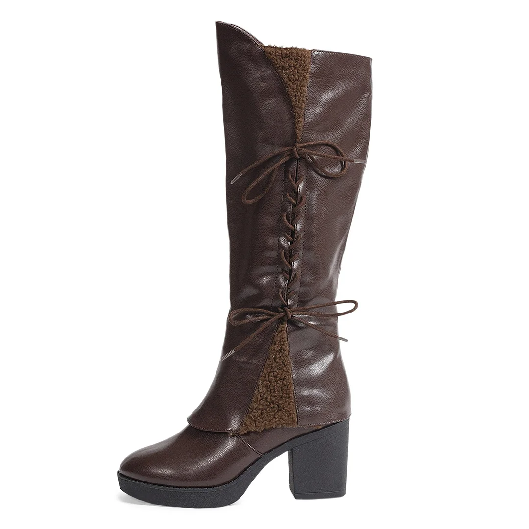 Vegan Leather Sophisticated Round Toe Dark Brown Knee High Heel Boots