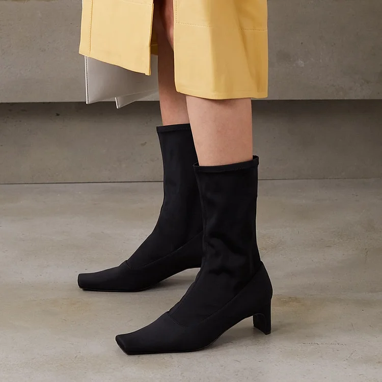 Black Square Toe Fashion Boots Chunky Heel Mid Calf Boots |FSJ Shoes