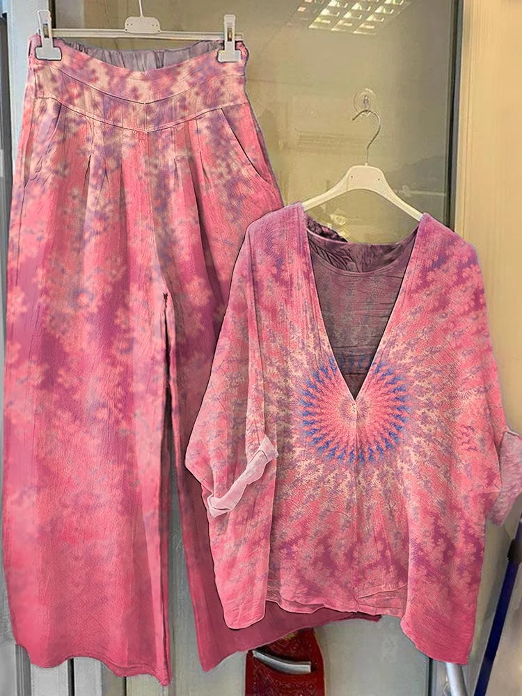 Women's Tie-Dye Kaleidoscope Pattern Art Print V-Neck Top Wide Leg Pants Cotton Set