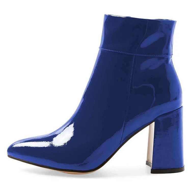 Blue Patent Leather Chunky Heel Boots Ankle Boots |FSJ Shoes
