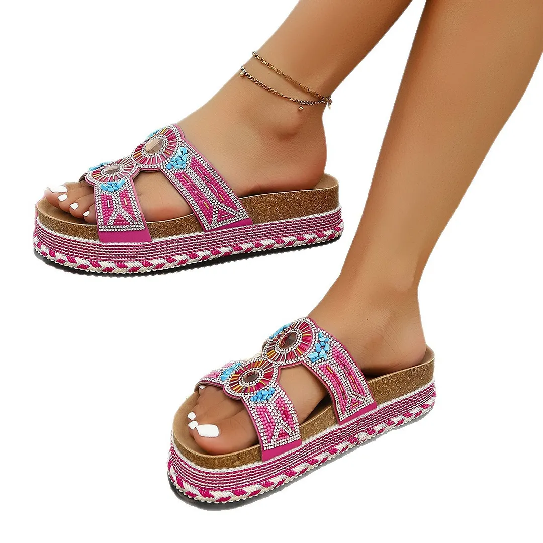 Breakj Breakj New Thick Bottom Rope Double Buckle Drill Softwood Beach Slippers Large Size Women's Shoes