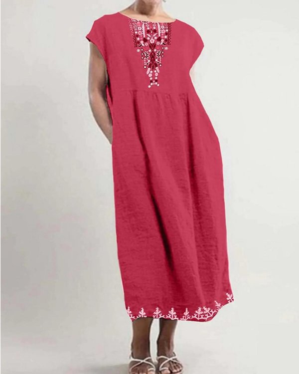 Vintage Loose Linen Print Dress