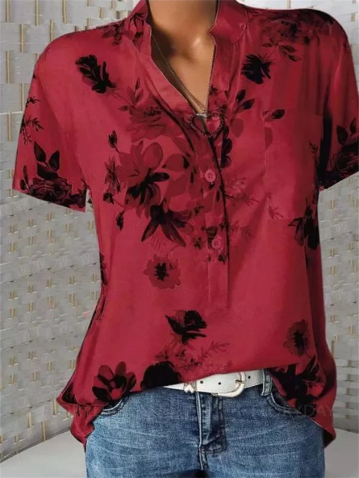 Ladies Hot Popular Fashion Printed V-Neck Short Sleeve Shirt Tops 10 Color Plus Size Shirt-Cosfine