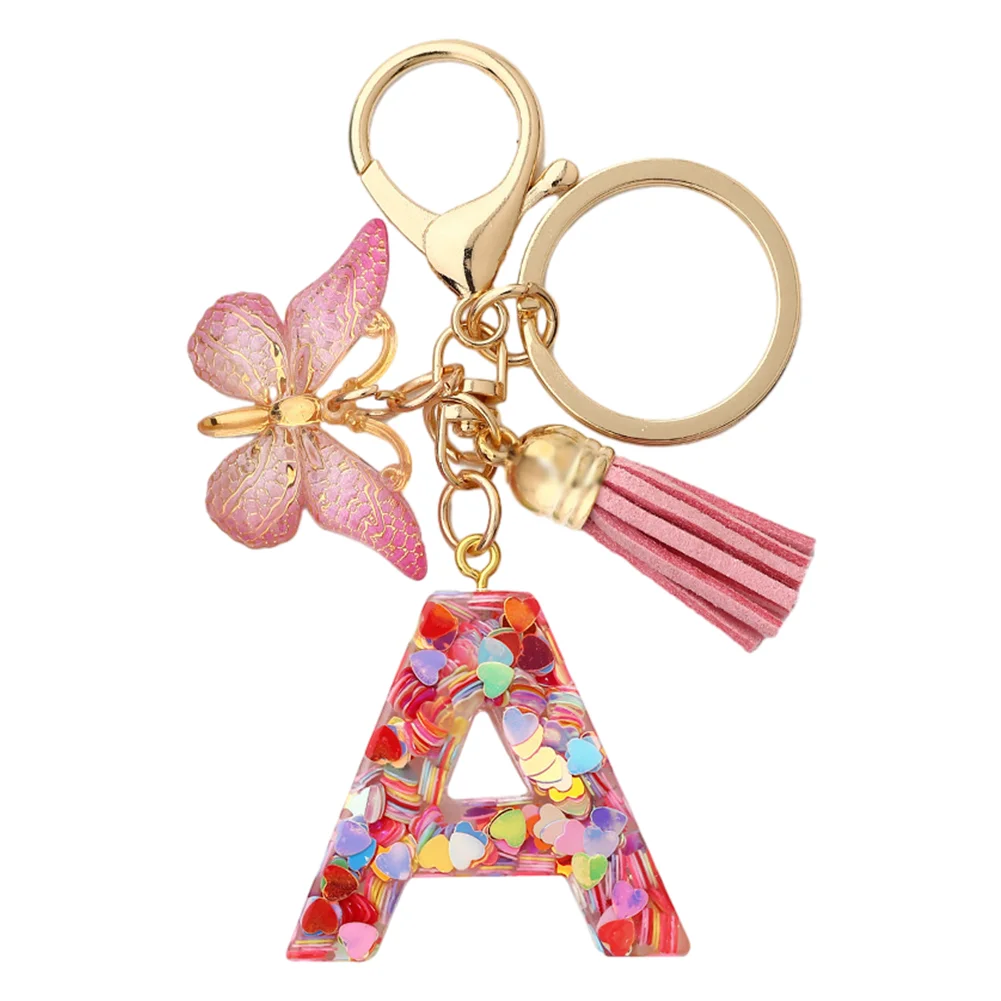 Resin Initial Letter Keychains Alphabet Letter Keychain Pink Tassel Butterfly Key Ring