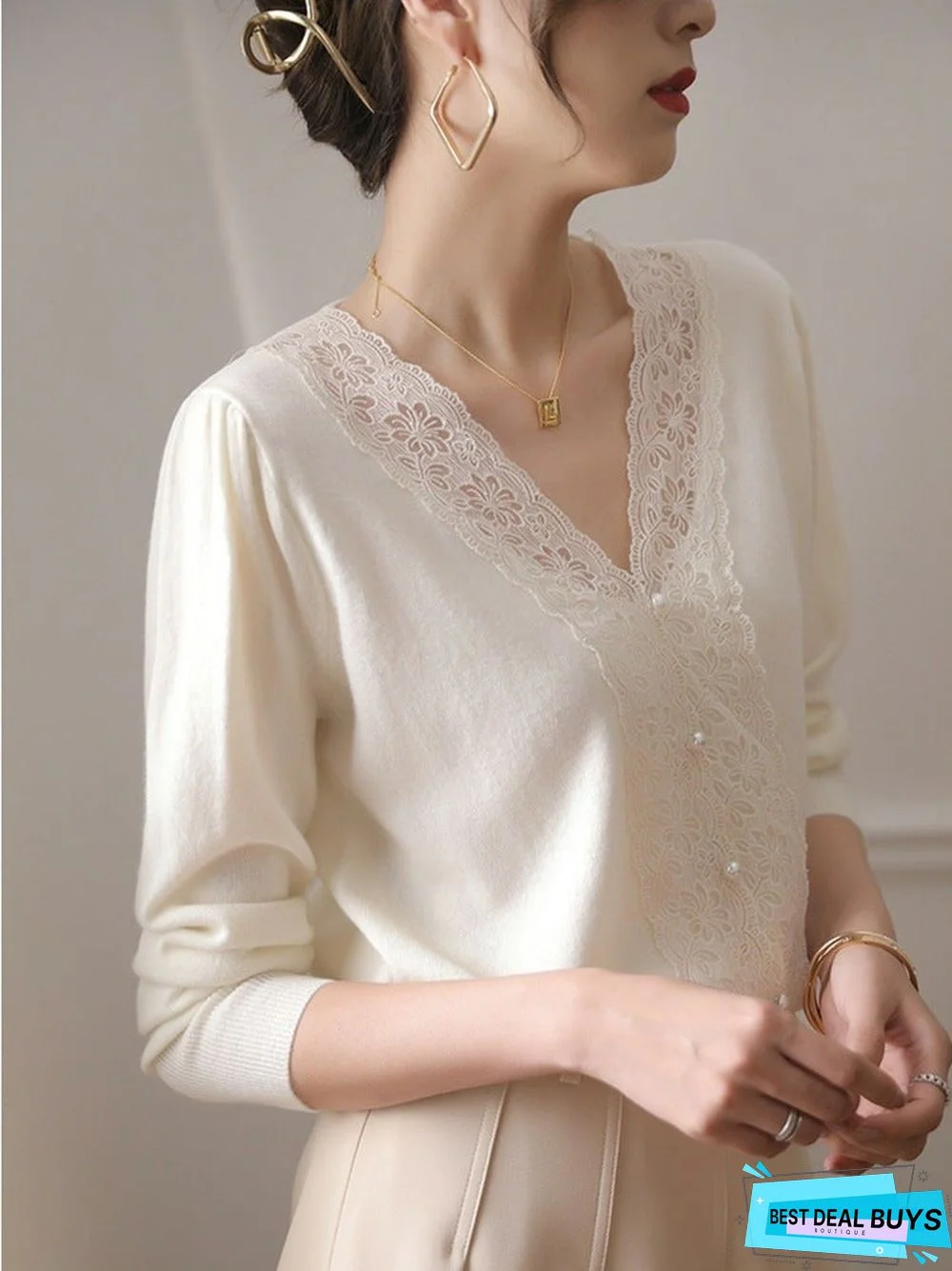 V-Neck Lace Stitching Long Sleeve Sweater
