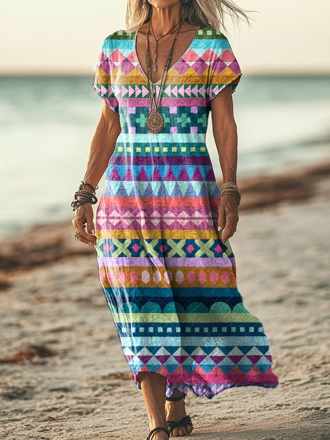 Women's Bohemian Ethnic Patterns Art Print Short Sleeve Pocket Cotton Linen Dress