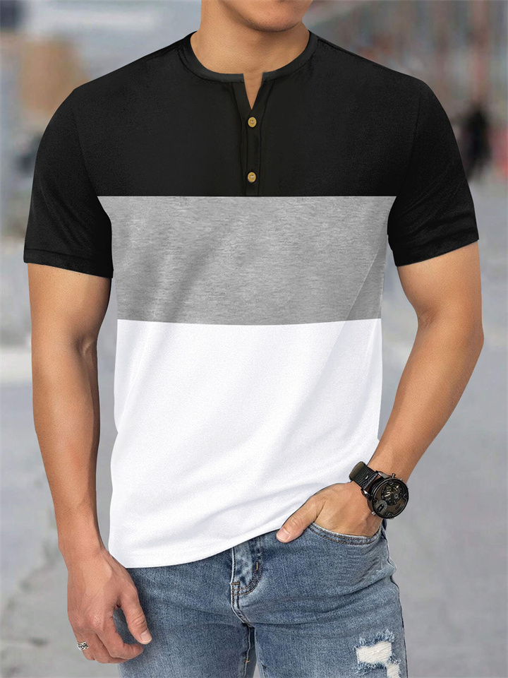 Summer New Large Size Men's Short-sleeved Casual Sports Three-color Splicing Men's T-shirt Henley Shirt