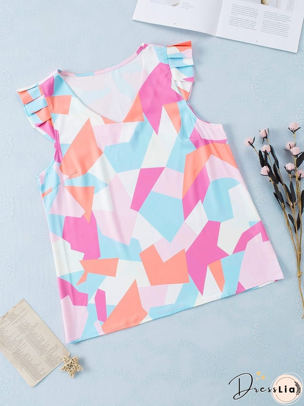 Pastel Geometric Print V-Neck Cap Sleeve Top with Colorblock Detail