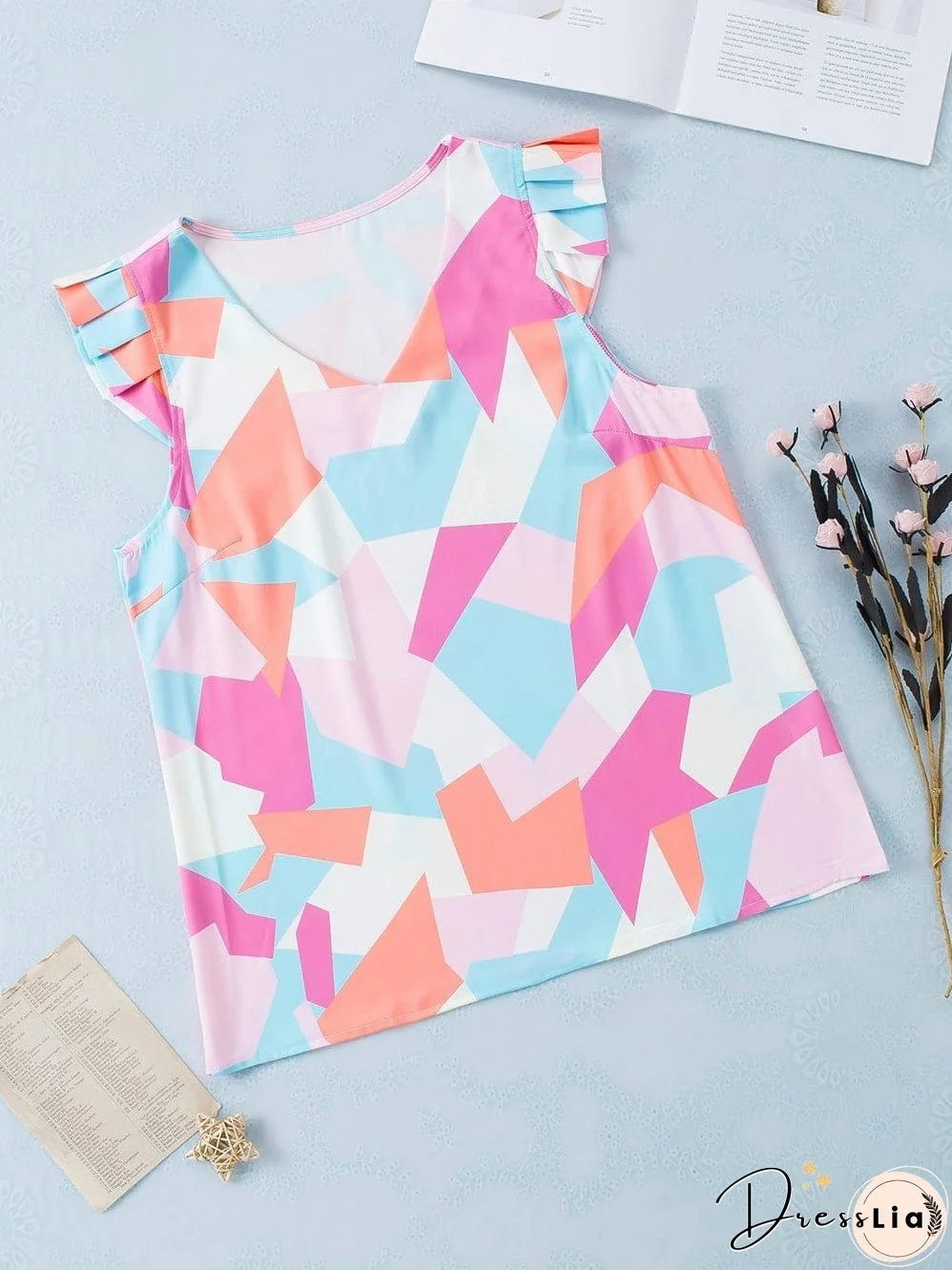 Pastel Geometric Print V-Neck Cap Sleeve Top with Colorblock Detail