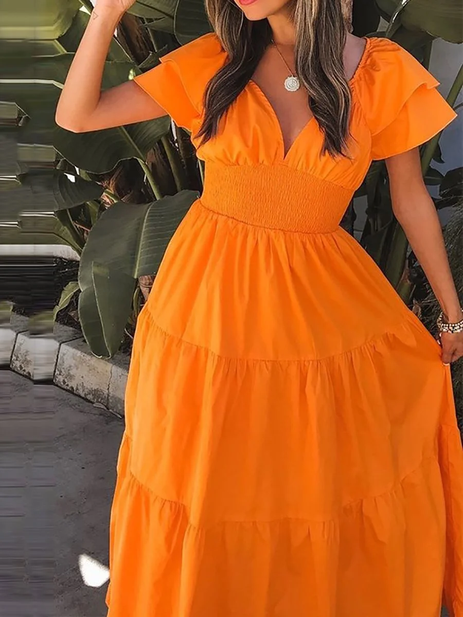 V-neck short-sleeved A-line dress