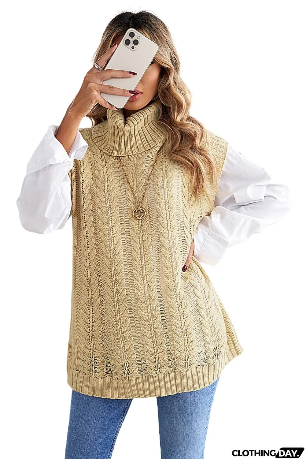 Casual Khaki Turtleneck Braided Knitted Vest