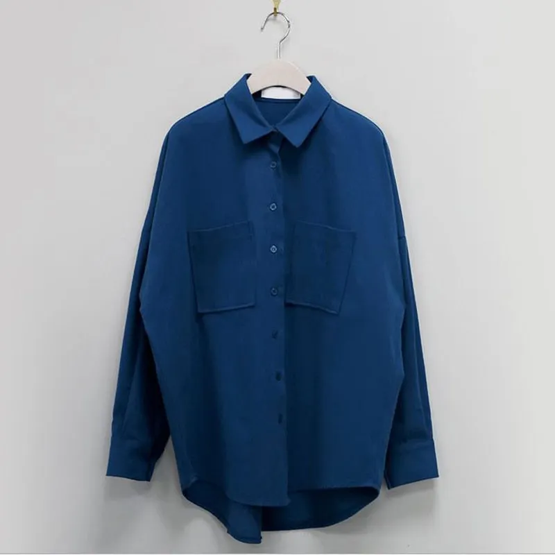 New Spring Double Pockets Turn-Down Collar Cotton Womens Blouse Casual Loose Female Tops